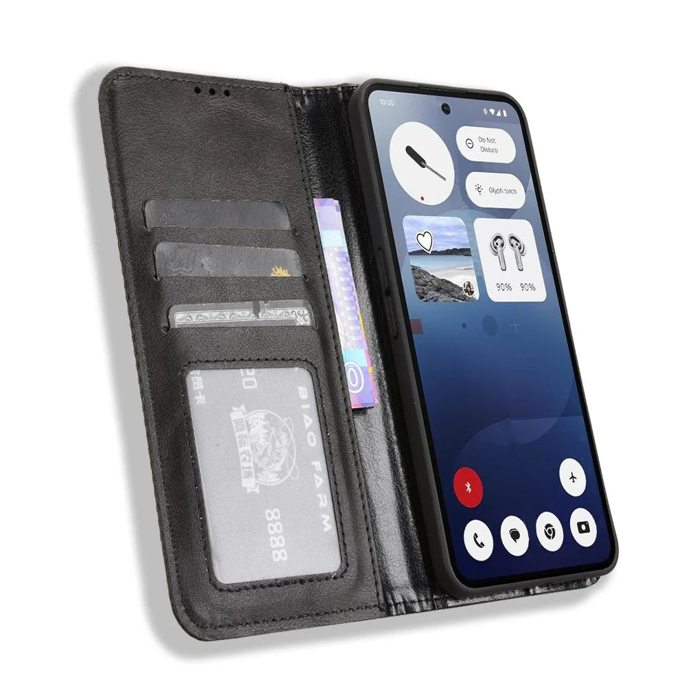 For Nothing Phone (3a) Retro PU Leather Case Phone Wallet Stand Cover - Black - 4
