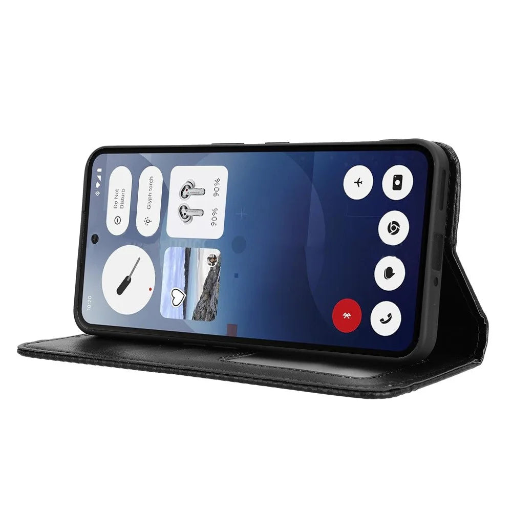 For Nothing Phone (3a) Retro PU Leather Case Phone Wallet Stand Cover - Black - 6