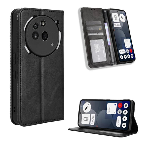 For Nothing Phone (3a) Pro Retro PU Leather Case Phone Wallet Stand Cover - Black - 1