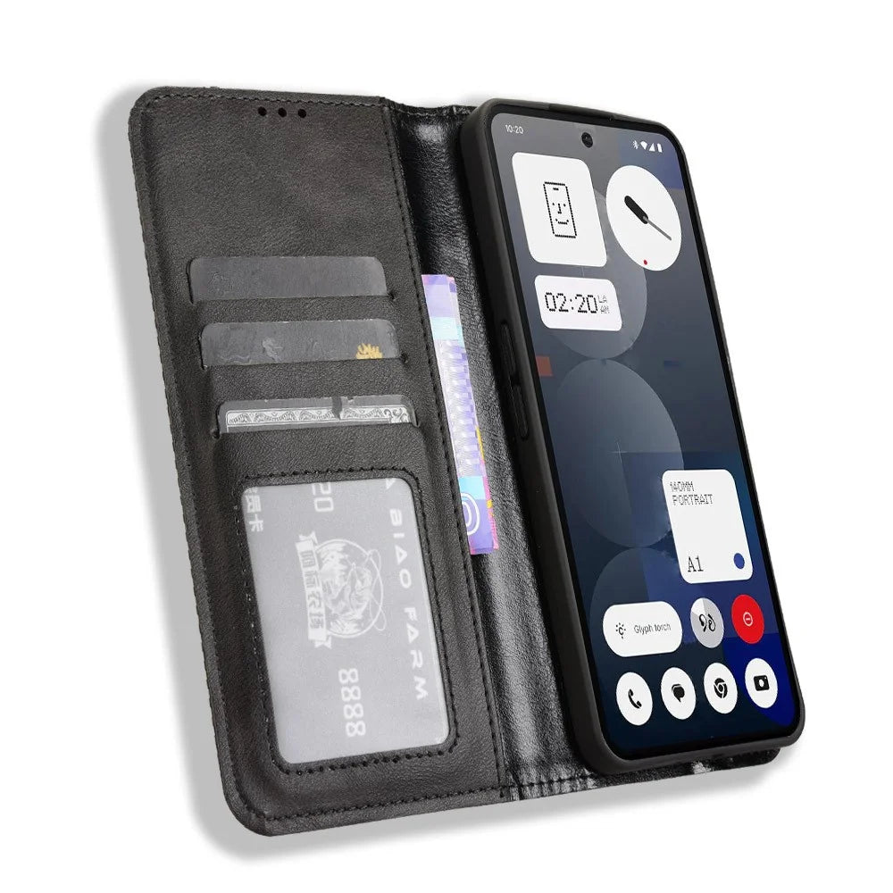 For Nothing Phone (3a) Pro Retro PU Leather Case Phone Wallet Stand Cover - Black - 4
