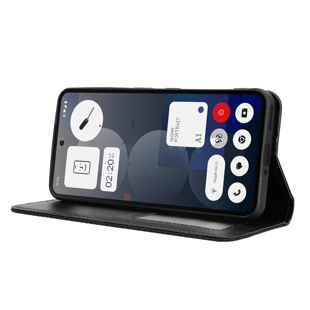 For Nothing Phone (3a) Pro Retro PU Leather Case Phone Wallet Stand Cover - Black - 6