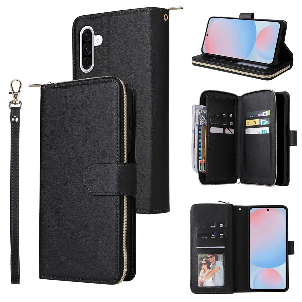 For Samsung Galaxy A56 5G Case Zipper Pocket PU Leather Phone Cover with Hand Strap - Black - 1
