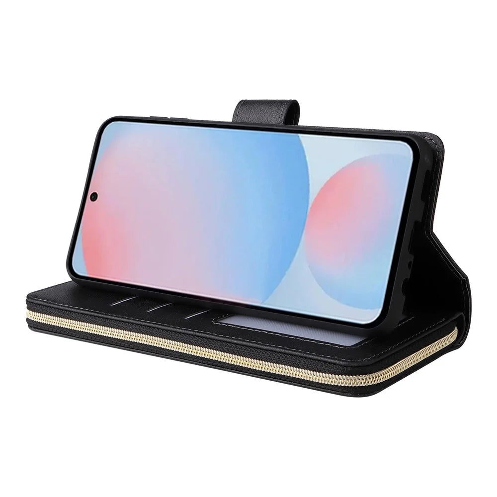 For Samsung Galaxy A56 5G Case Zipper Pocket PU Leather Phone Cover with Hand Strap - Black - 4