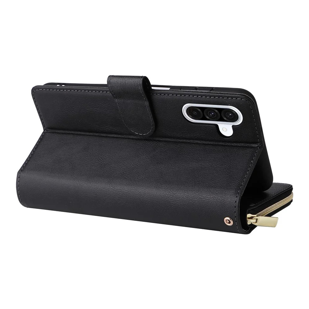 For Samsung Galaxy A56 5G Case Zipper Pocket PU Leather Phone Cover with Hand Strap - Black - 5