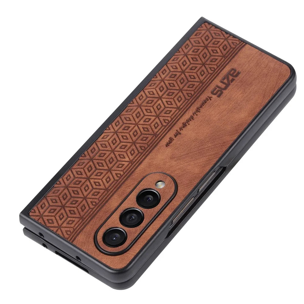AZNS Anti-fall Phone Case For Samsung Galaxy Z Fold3 5G Imprinted Pattern PU Leather Coated PC Cell Phone Cover - Brown - 3