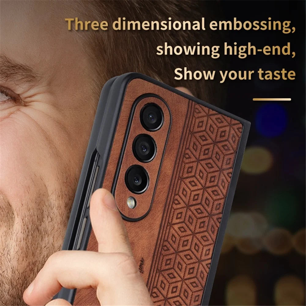 AZNS Anti-fall Phone Case For Samsung Galaxy Z Fold3 5G Imprinted Pattern PU Leather Coated PC Cell Phone Cover - Brown - 6