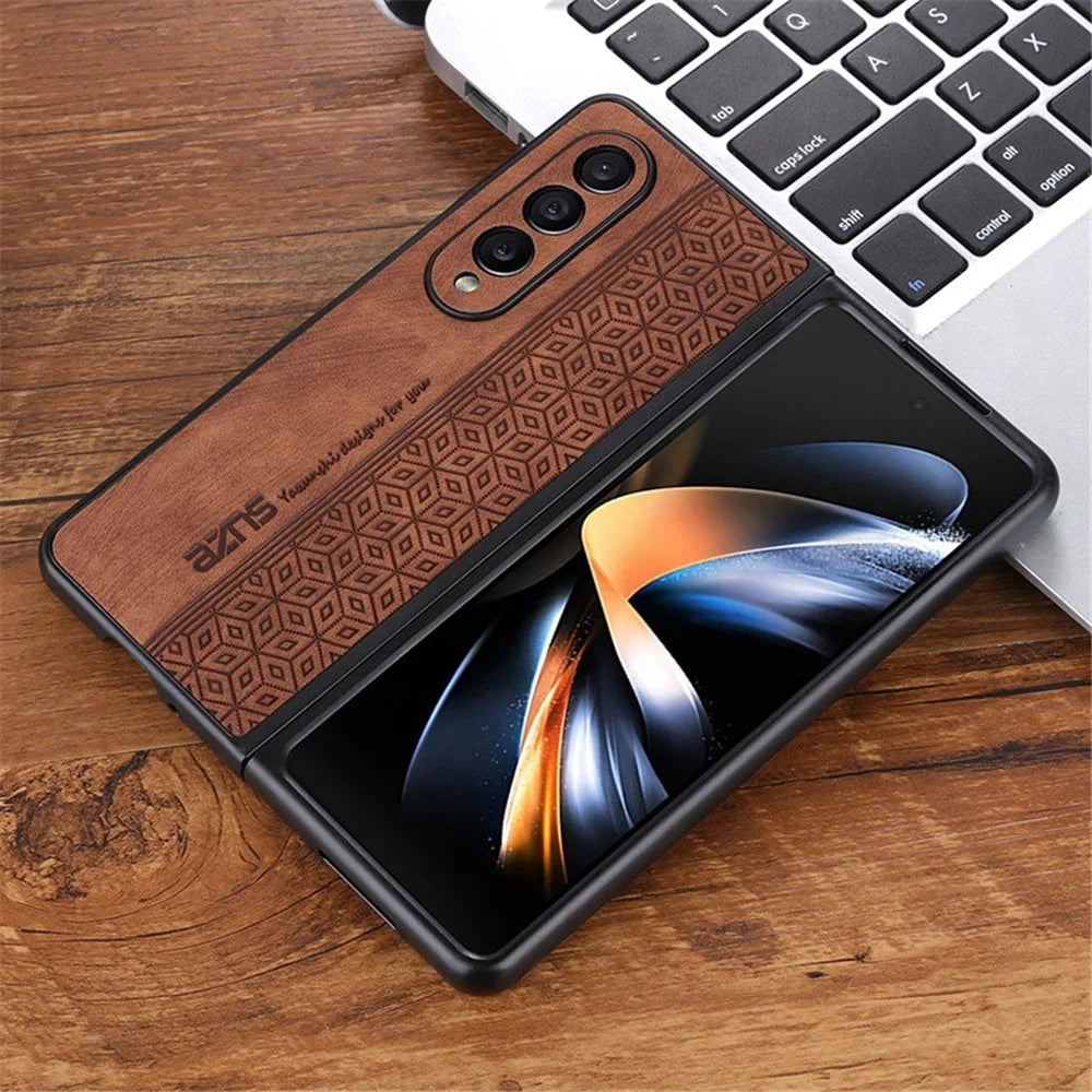 AZNS Phone Case For Samsung Galaxy Z Fold4 5G Imprinted Pattern PU Leather Coated TPU Anti-drop Back Cover - Brown - 4