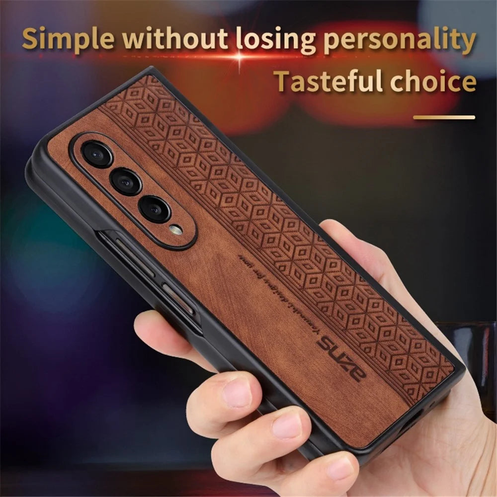 AZNS Phone Case For Samsung Galaxy Z Fold4 5G Imprinted Pattern PU Leather Coated TPU Anti-drop Back Cover - Brown - 5