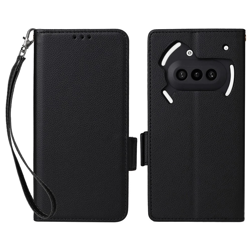 For Nothing Phone (3a) Case with Wrist Strap Litchi Texture PU Leather Wallet Phone Cover - Black - 1