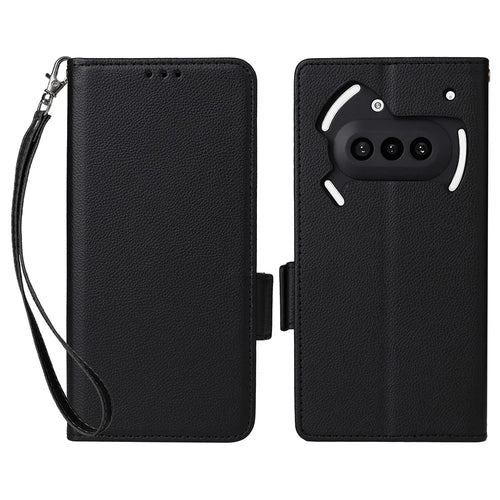For Nothing Phone (3a) Case with Wrist Strap Litchi Texture PU Leather Wallet Phone Cover - Black - 1