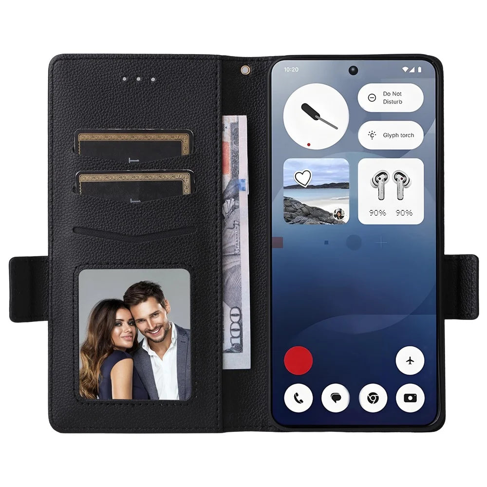 For Nothing Phone (3a) Case with Wrist Strap Litchi Texture PU Leather Wallet Phone Cover - Black - 2