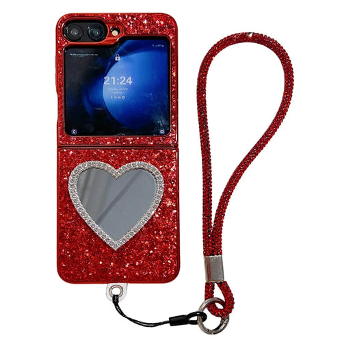 For Samsung Galaxy Z Flip7 FE 5G / Z Flip6 5G Case with Strap, Mirror TPU + PC Sparkling Glitter Phone Back Cover - Red - 1