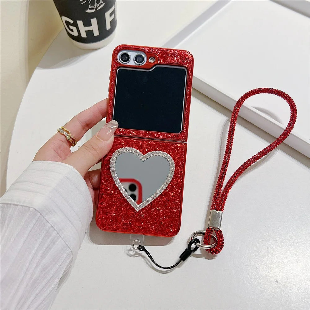 For Samsung Galaxy Z Flip7 FE 5G / Z Flip6 5G Case with Strap, Mirror TPU + PC Sparkling Glitter Phone Back Cover - Red - 2