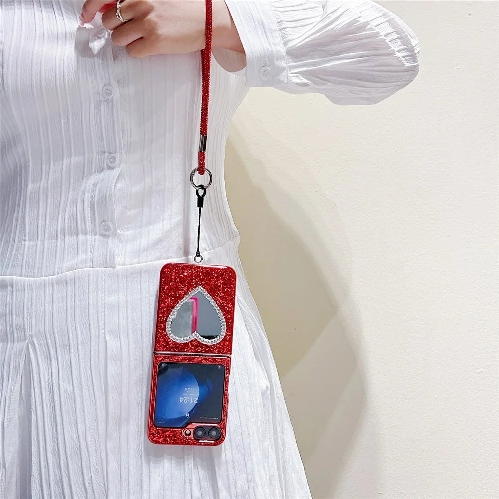 For Samsung Galaxy Z Flip7 FE 5G / Z Flip6 5G Case with Strap, Mirror TPU + PC Sparkling Glitter Phone Back Cover - Red - 3