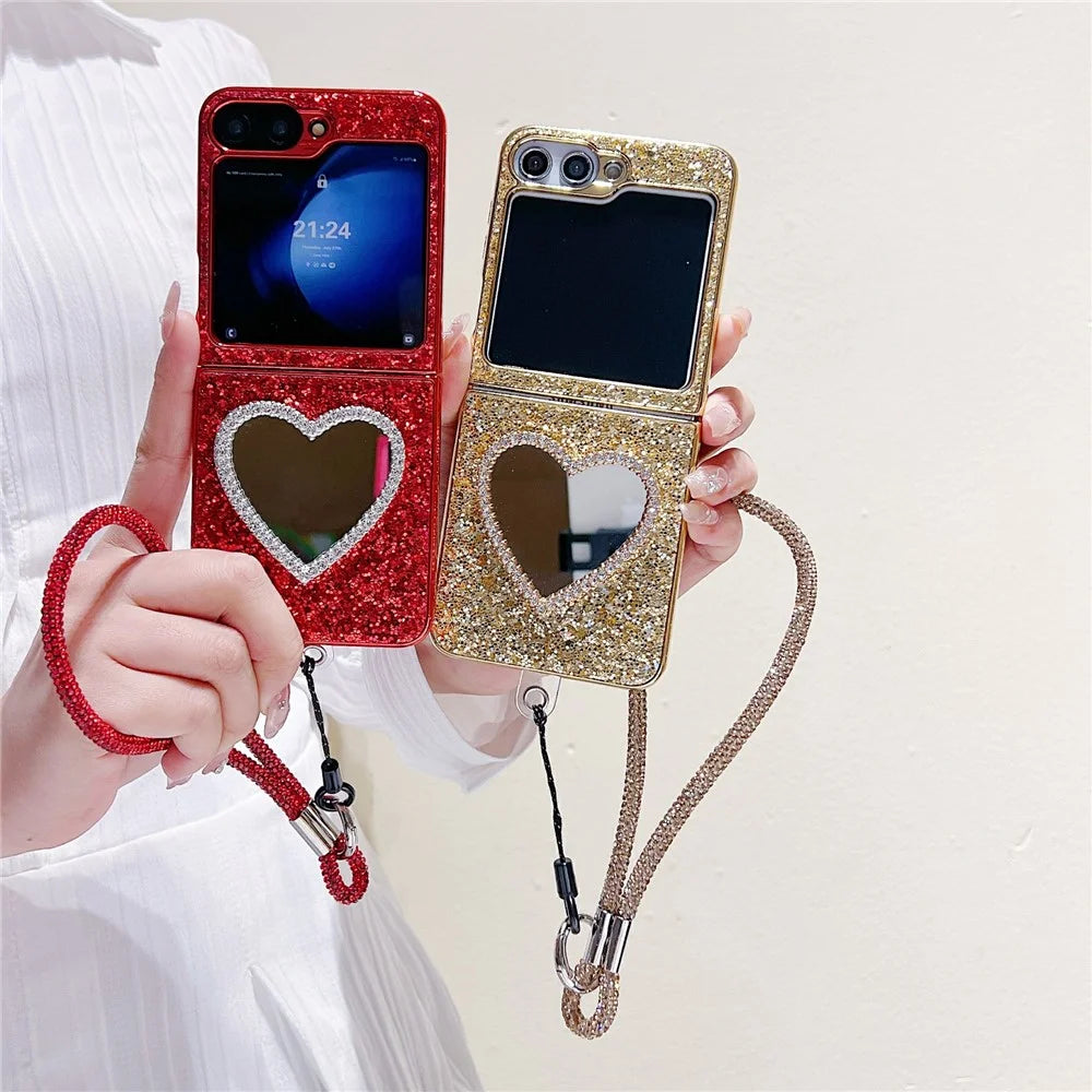 For Samsung Galaxy Z Flip7 FE 5G / Z Flip6 5G Case with Strap, Mirror TPU + PC Sparkling Glitter Phone Back Cover - Red - 4