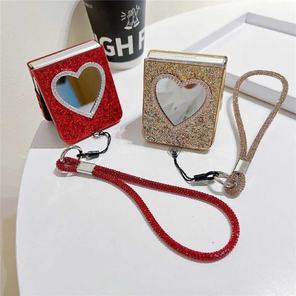 For Samsung Galaxy Z Flip7 FE 5G / Z Flip6 5G Case with Strap, Mirror TPU + PC Sparkling Glitter Phone Back Cover - Red - 5
