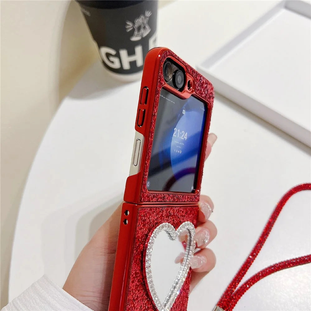 For Samsung Galaxy Z Flip7 FE 5G / Z Flip6 5G Case with Strap, Mirror TPU + PC Sparkling Glitter Phone Back Cover - Red - 6