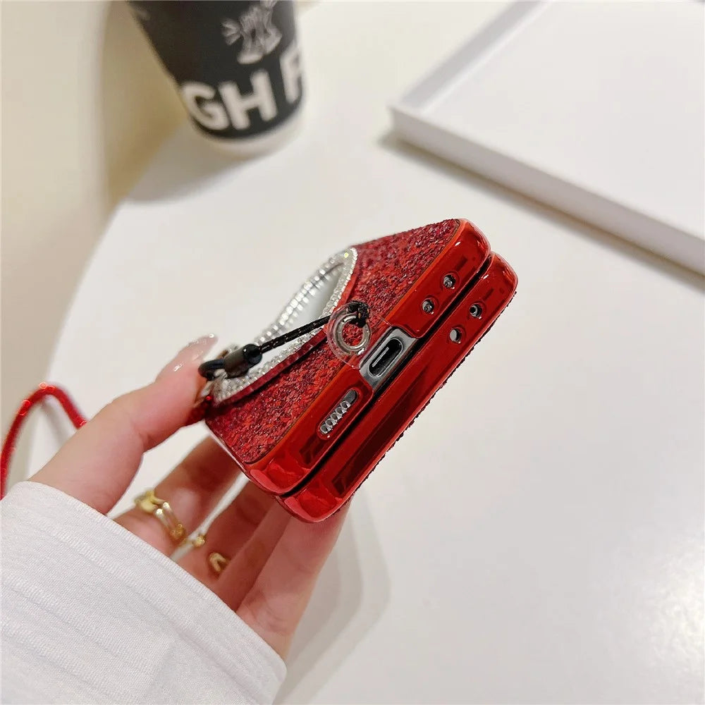 For Samsung Galaxy Z Flip7 FE 5G / Z Flip6 5G Case with Strap, Mirror TPU + PC Sparkling Glitter Phone Back Cover - Red - 7
