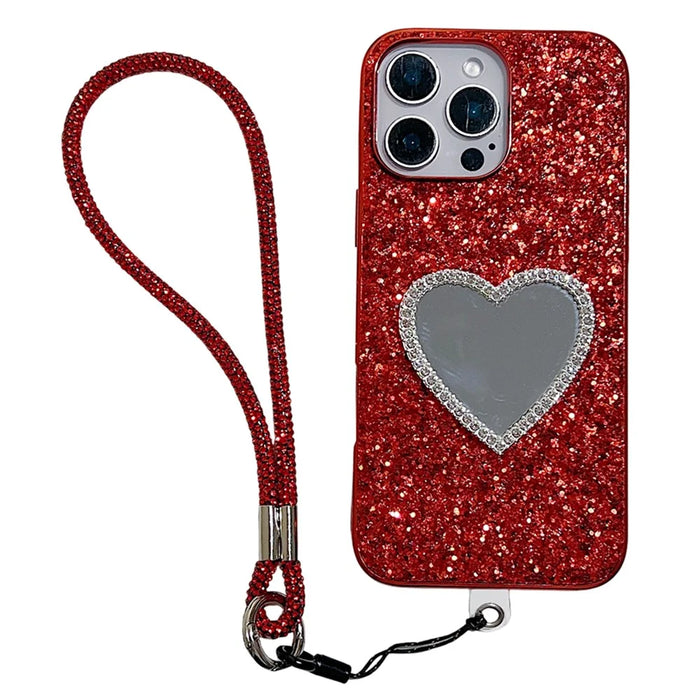 For iPhone 16 Pro Max Case with Strap, Mirror TPU + PC Sparkling Glitter Phone Back Cover - Red - 1