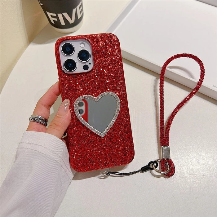 For iPhone 16 Pro Max Case with Strap, Mirror TPU + PC Sparkling Glitter Phone Back Cover - Red - 2