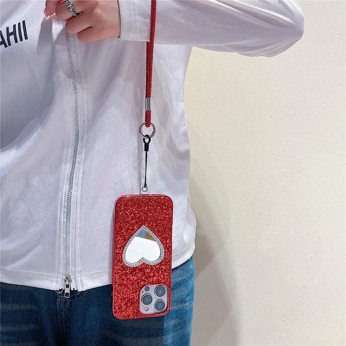 For iPhone 16 Pro Max Case with Strap, Mirror TPU + PC Sparkling Glitter Phone Back Cover - Red - 4