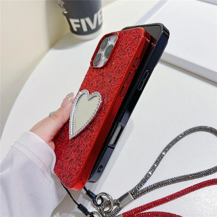 For iPhone 16 Pro Max Case with Strap, Mirror TPU + PC Sparkling Glitter Phone Back Cover - Red - 6
