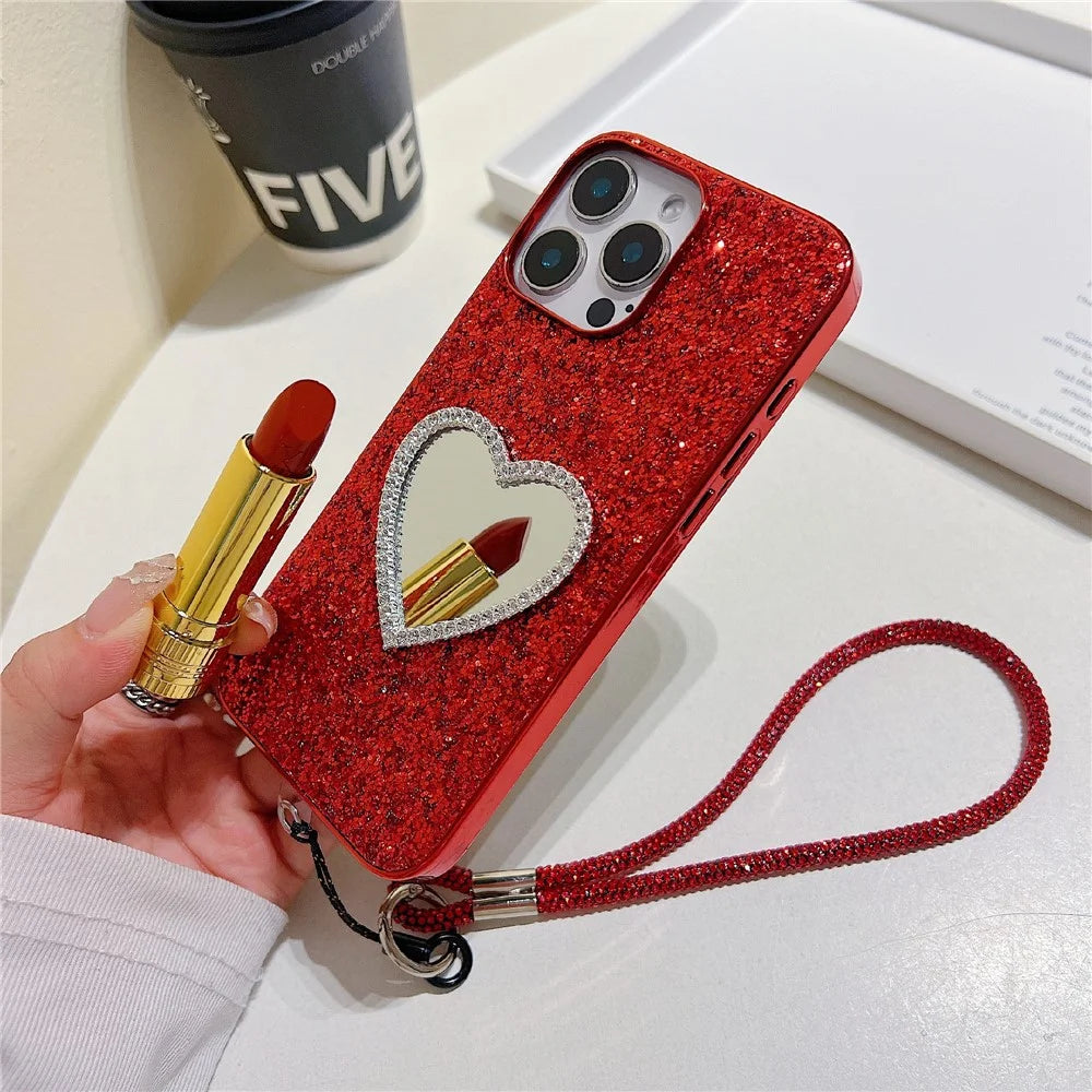 For iPhone 16 Pro Case with Strap, Mirror TPU + PC Sparkling Glitter Phone Back Cover - Red - 3