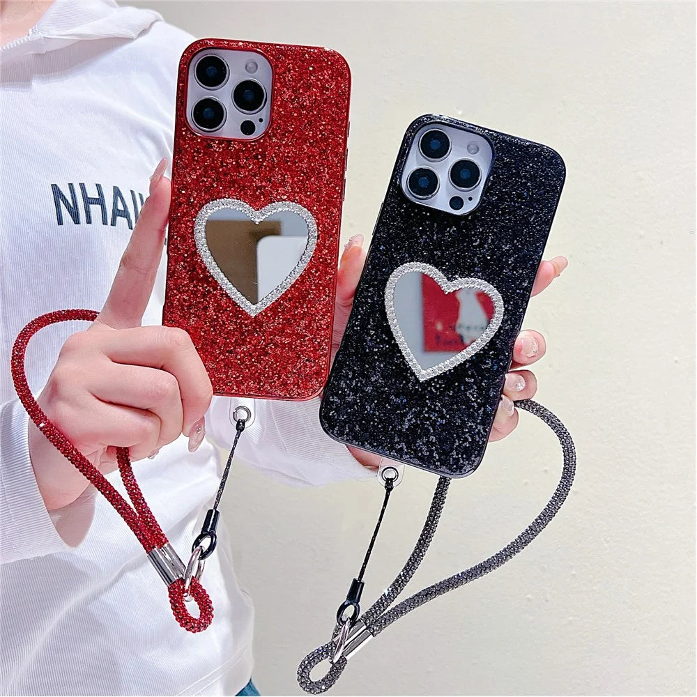 For iPhone 16 Pro Case with Strap, Mirror TPU + PC Sparkling Glitter Phone Back Cover - Red - 5