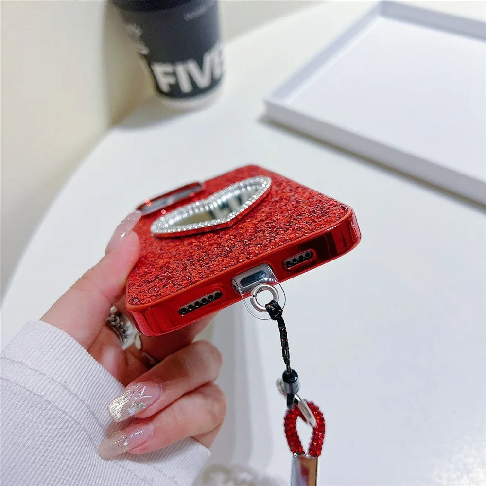 For iPhone 16 Pro Case with Strap, Mirror TPU + PC Sparkling Glitter Phone Back Cover - Red - 7