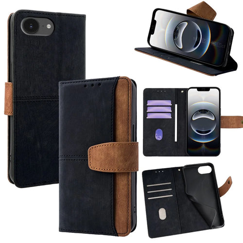 For iPhone 17e / 16e Case RFID Blocking Color Splicing PU Leather Wallet Phone Cover - Black - 1