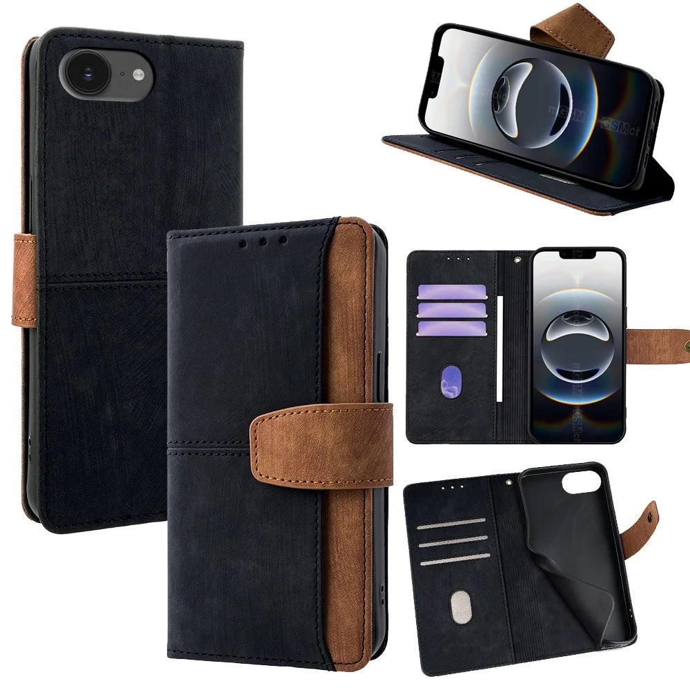 For iPhone 17e / 16e Case RFID Blocking Color Splicing PU Leather Wallet Phone Cover - Black - 1