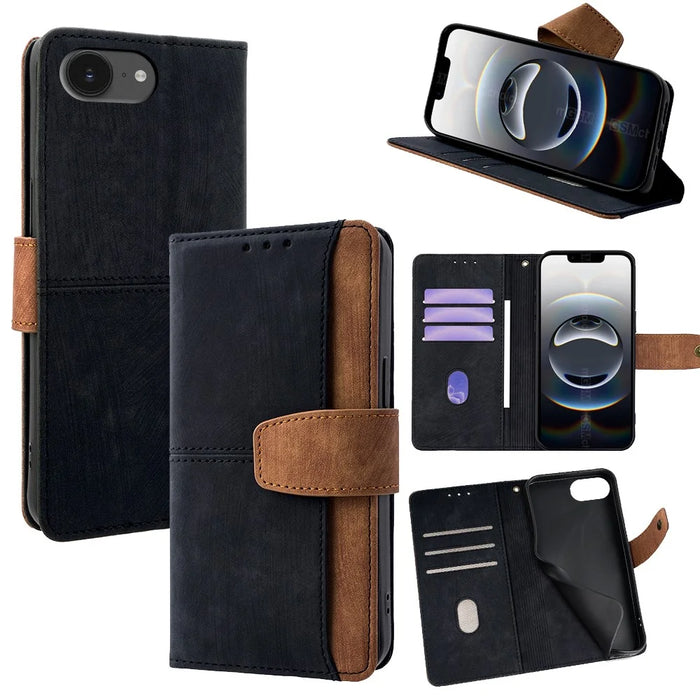 For iPhone 17e / 16e Case RFID Blocking Color Splicing PU Leather Wallet Phone Cover - Black - 1