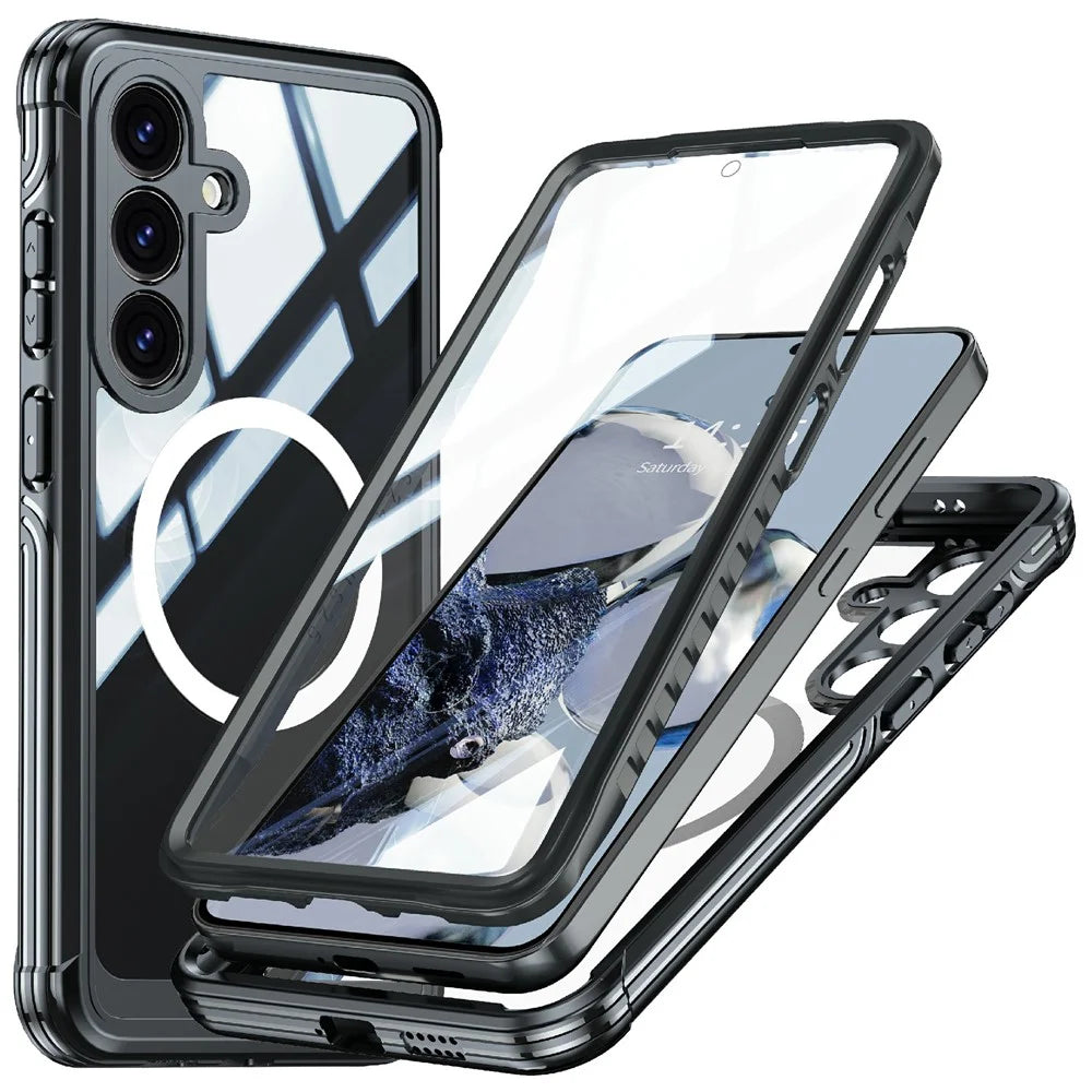 For Samsung Galaxy S25+ Magnetic Case PC + TPU Phone Cover with Tempered Glass Screen Film - Black - 1
