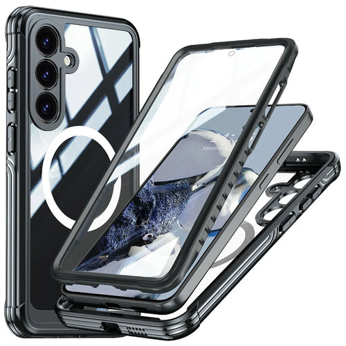 For Samsung Galaxy S25+ Magnetic Case PC + TPU Phone Cover with Tempered Glass Screen Film - Black - 1