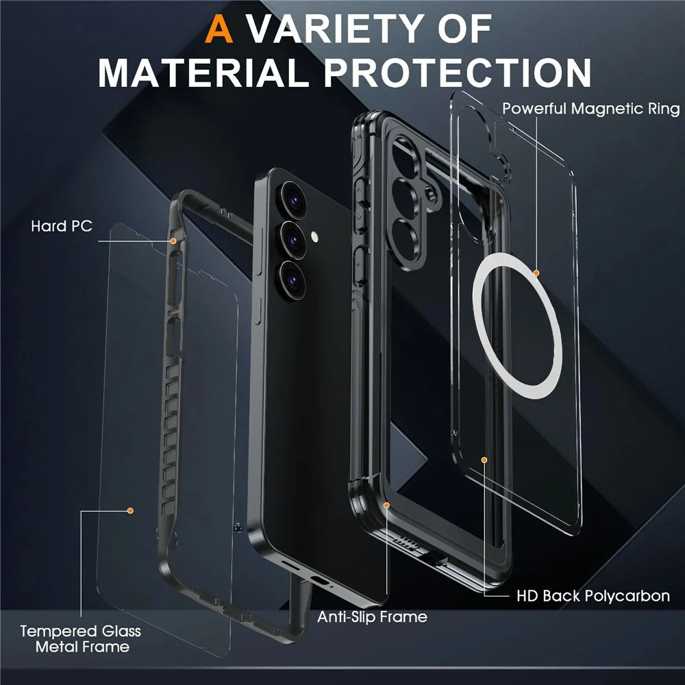 For Samsung Galaxy S25+ Magnetic Case PC + TPU Phone Cover with Tempered Glass Screen Film - Black - 7