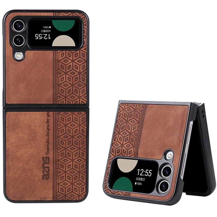 AZNS For Samsung Galaxy Z Flip4 5G Imprinted Pattern Folding Phone Case PU Leather Coated Hard PC Back Cover - Brown - 1
