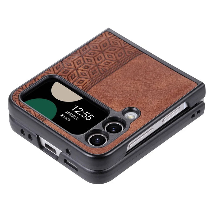 AZNS For Samsung Galaxy Z Flip4 5G Imprinted Pattern Folding Phone Case PU Leather Coated Hard PC Back Cover - Brown - 3
