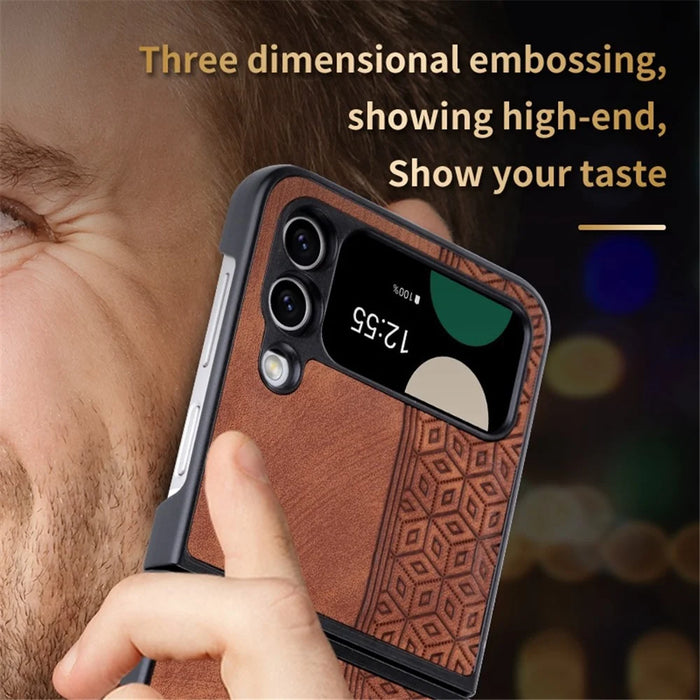 AZNS For Samsung Galaxy Z Flip4 5G Imprinted Pattern Folding Phone Case PU Leather Coated Hard PC Back Cover - Brown - 6