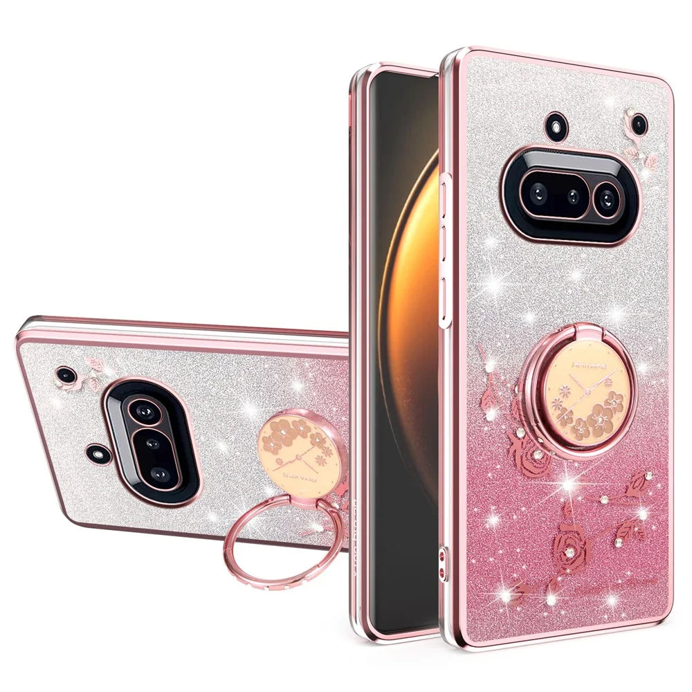 KADEM For Nothing Phone (3a) Case Ring Kickstand TPU Flowers Phone Cover Gradient Glitter - Rose Gold - 1