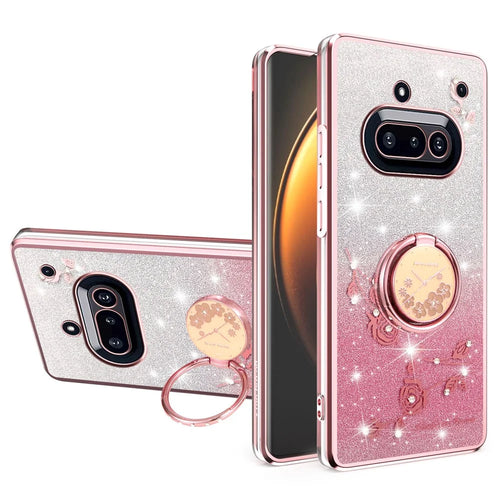KADEM For Nothing Phone (3a) Case Ring Kickstand TPU Flowers Phone Cover Gradient Glitter - Rose Gold - 1