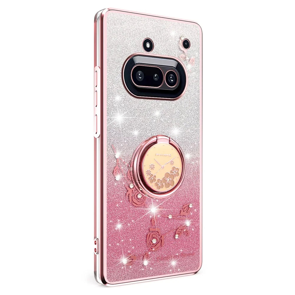 KADEM For Nothing Phone (3a) Case Ring Kickstand TPU Flowers Phone Cover Gradient Glitter - Rose Gold - 2
