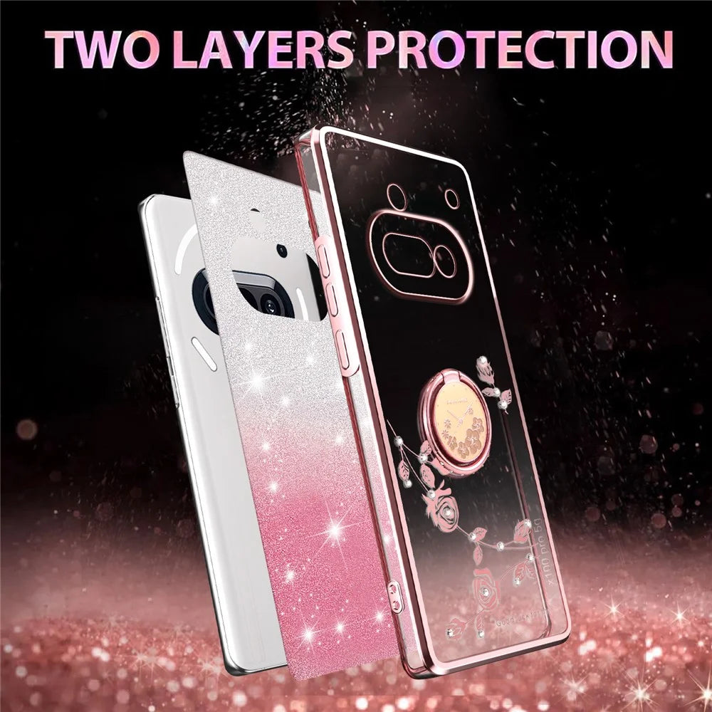 KADEM For Nothing Phone (3a) Case Ring Kickstand TPU Flowers Phone Cover Gradient Glitter - Rose Gold - 3