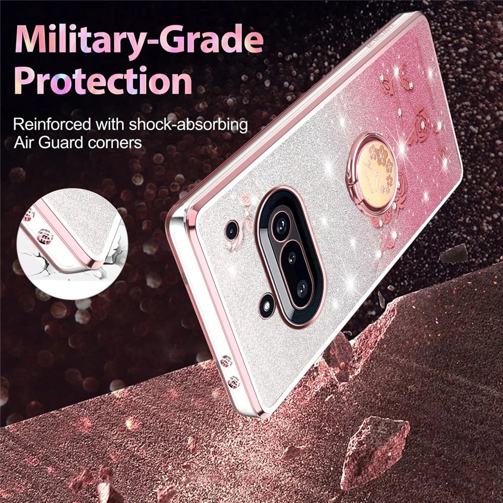 KADEM For Nothing Phone (3a) Case Ring Kickstand TPU Flowers Phone Cover Gradient Glitter - Rose Gold - 4