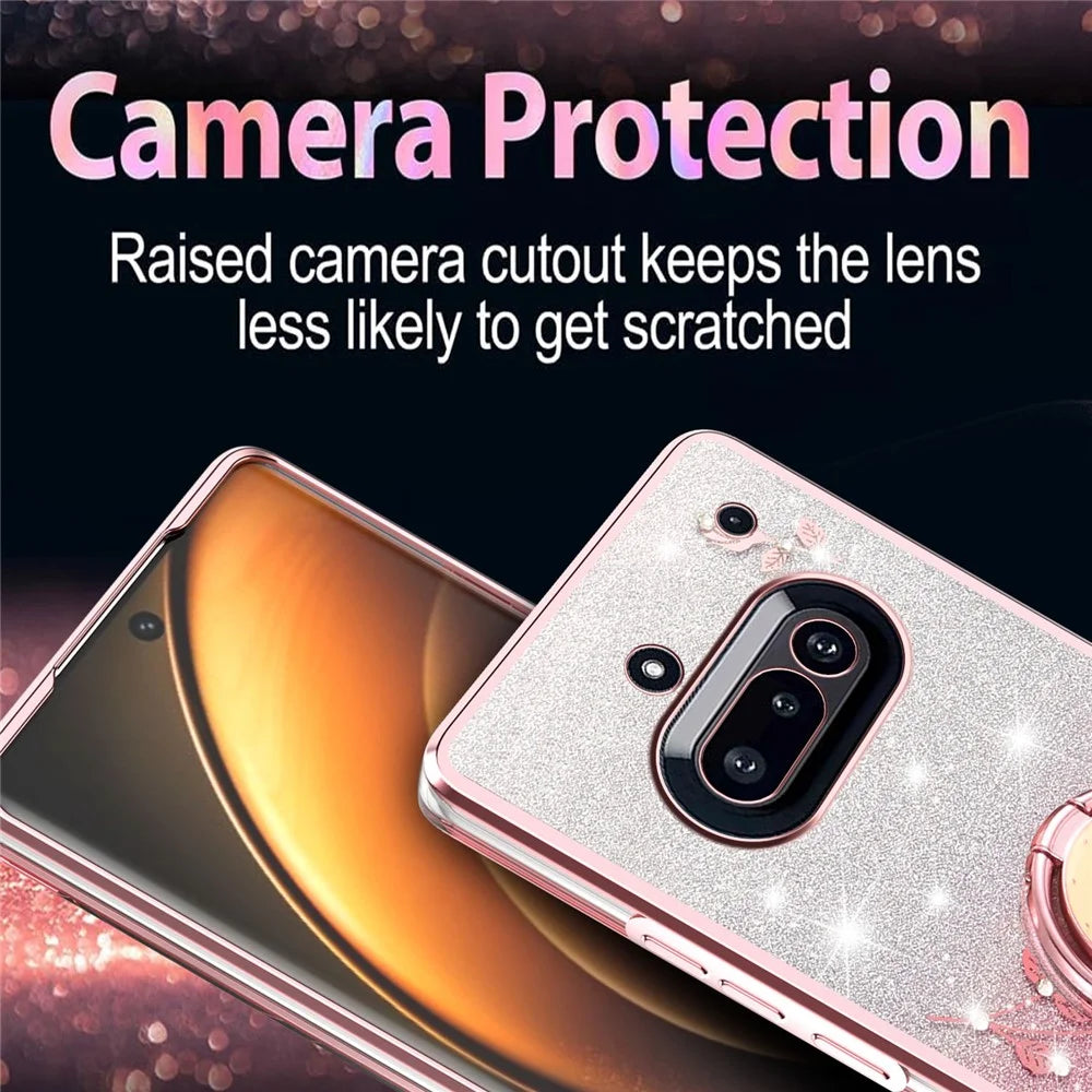 KADEM For Nothing Phone (3a) Case Ring Kickstand TPU Flowers Phone Cover Gradient Glitter - Rose Gold - 5