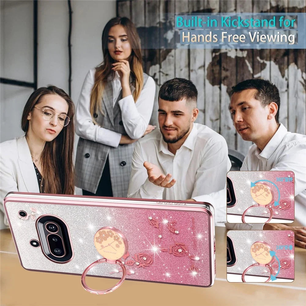 KADEM For Nothing Phone (3a) Case Ring Kickstand TPU Flowers Phone Cover Gradient Glitter - Rose Gold - 6