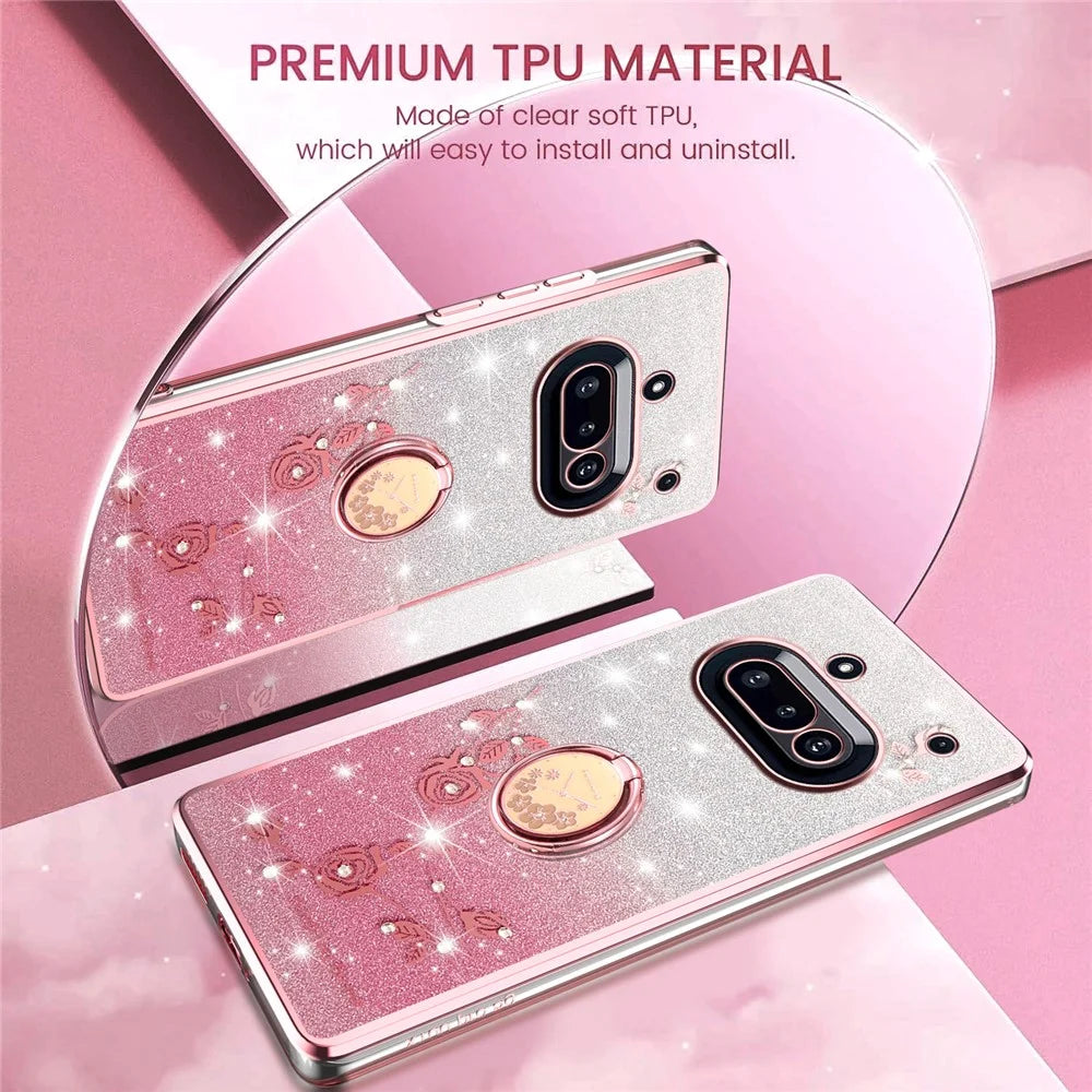 KADEM For Nothing Phone (3a) Case Ring Kickstand TPU Flowers Phone Cover Gradient Glitter - Rose Gold - 7