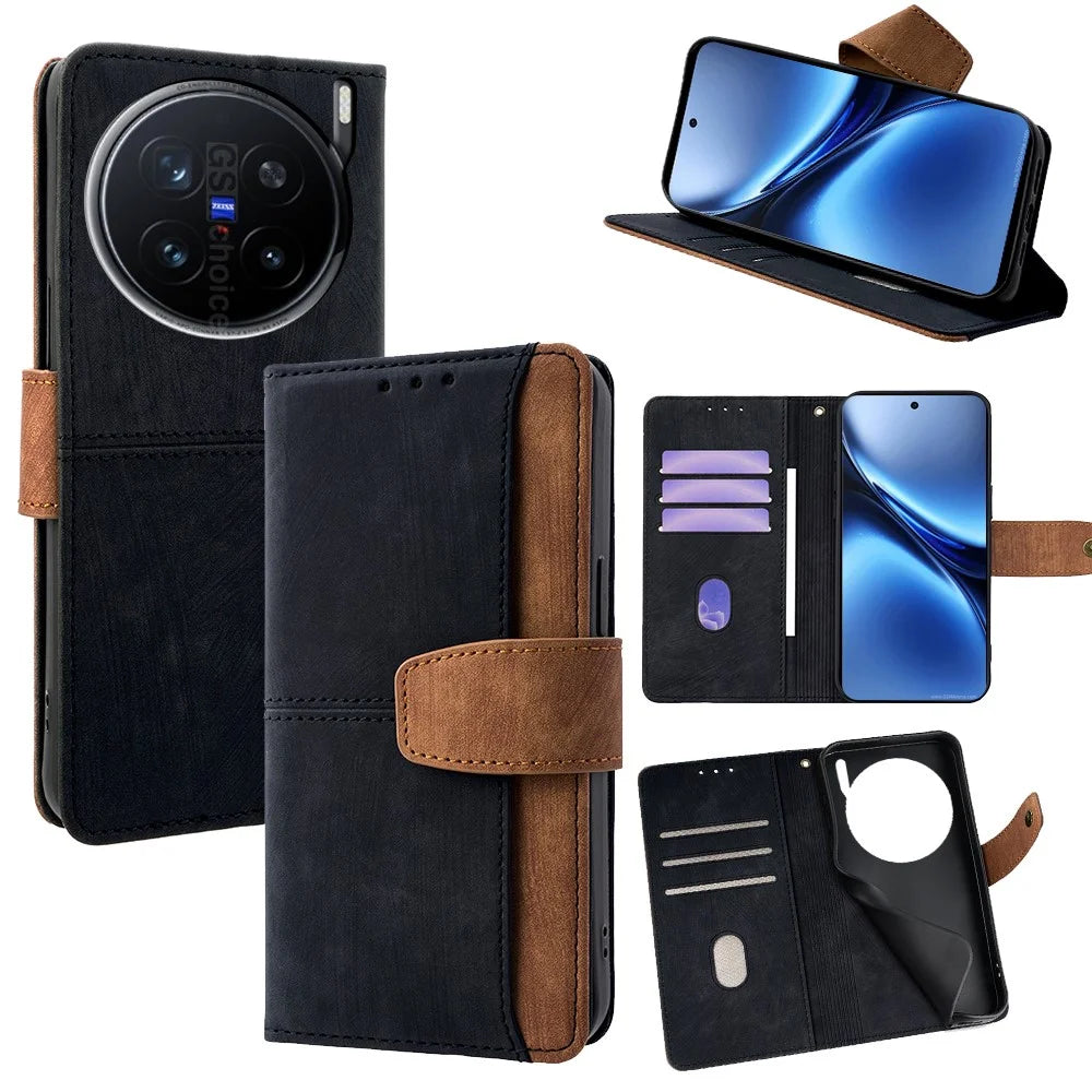 For vivo X200 Pro 5G Case RFID Blocking Color Splicing PU Leather Wallet Phone Cover - Black - 1