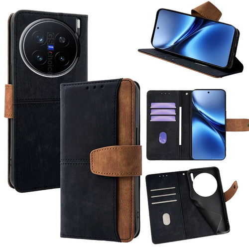 For vivo X200 Pro 5G Case RFID Blocking Color Splicing PU Leather Wallet Phone Cover - Black - 1
