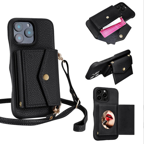 For iPhone 16 Pro Max Case Mirror Design Card Slots Leather Back Cover with Shoulder Strap - Black - 1