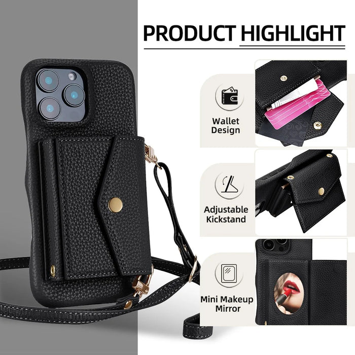 For iPhone 16 Pro Max Case Mirror Design Card Slots Leather Back Cover with Shoulder Strap - Black - 2